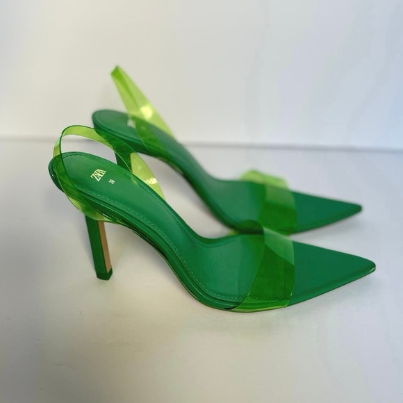 Zara Shoes - Zara size 38 (7.5) GREEN VINYL SLINGBACK HEELED SANDALS